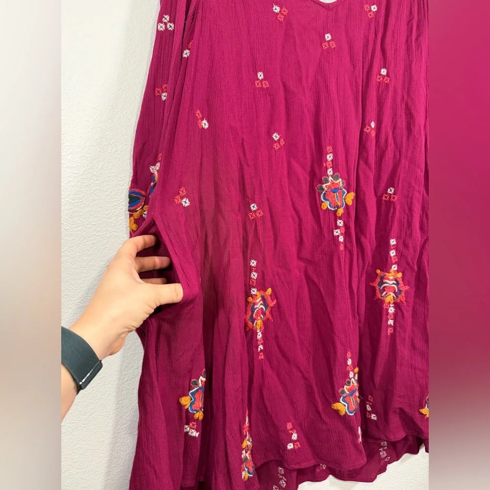 Free People Dress Burgundy Backless Embroidery Floral Long Sleeve Pocket Women M - Picture 4 of 10